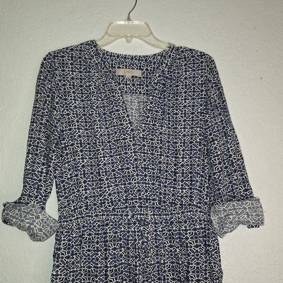Loft blue geometric sundress Cinch waist long sleeve swing dress Medium - Picture 3 of 13